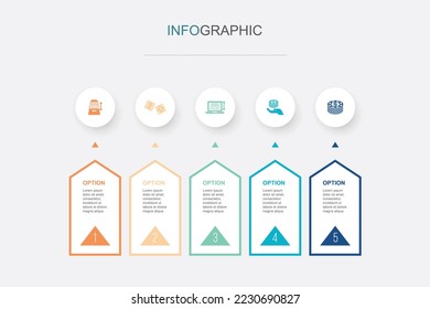 slot machine, dice, online casino, bet, chips icons Infographic design template. Creative concept with 5 steps