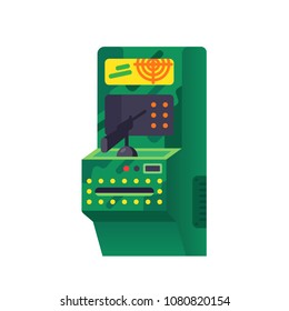 Slot machine, electronic virtual game machine with joystick in form weapons, where gambler or gamer earning points. Gambling, entertaining arcade games in terminal, with levers. Vector illustration.