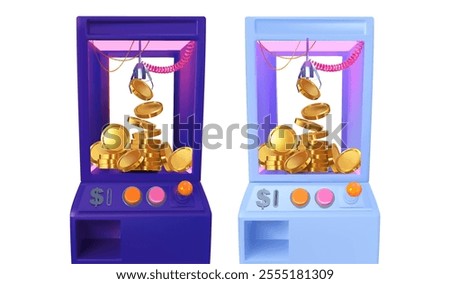 Slot machine elevator machine for getting gifts, gold coins and cash.. Bright neon grab machines. 3d realistic illustration. Vector