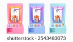 Slot machine elevator machine for getting toys, gifts and prizes. Set of 3 bright neon grab machines. 3d realistic illustration. Vector