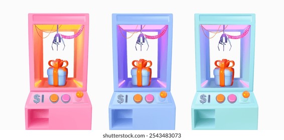 Máquina elevadora de máquinas tragamonedas para obtener juguetes, regalos y premios. Conjunto de 3 máquinas de agarre de neón brillante. 3d ilustración realista. Vector