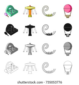 Slot machine, entertainment on the carousel, roller coaster ride, balloon. Amusement park set collection icons in cartoon black monochrome outline style vector symbol stock isometric illustration web.