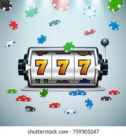 Slot machine with falling chips. Lucky seven on slot machine. Vector illustration.