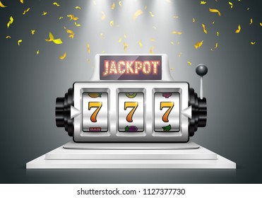 Slot machine with falling confetti. Lucky seven on slot machine. Vector illustration.
