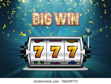 Slot machine with falling confetti. Lucky seven on slot machine. Vector illustration.