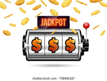 Slot machine with falling gold coins. Vector illustration.