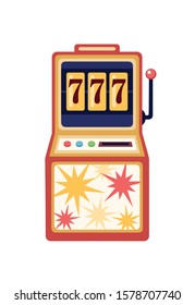 Slot machine flat vector illustration. Gambling, game of chance, casino. Lucky seven, jackpot, winning money. Colorful arcade game machine isolated on white background. Device for entertainment.