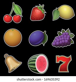 Slot machine fruit symbols on black background (vector version; available as raster too)