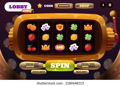 Slot machine game. Cartoon online casino web app UI, gamble game screen with interface elements and cartoon colorful shiny icons and buttons. Vector layout of casino game fortune online illustration