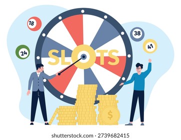 Slot machine game. Men rotate spin wheel and win money
