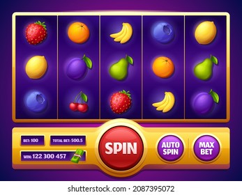 Slot machine game screen with fruits, online casino gambling entertainment. Spin reel for mobile with plum, bananas or cherry, blueberry, pear and orange, lemon and strawberry 3d vector cartoon design