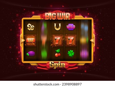 Slot machine with gaming symbols on a bright glowing background. Vector illustration.