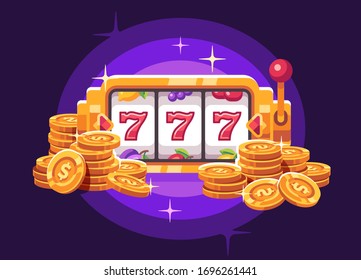 Slot machine with gold coin pile on purple background. Casino flat illustration