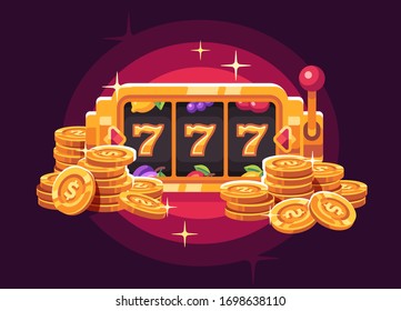 Slot machine with gold coin pile on red background. Casino flat illustration