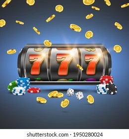 Slot machine with golden coins, chips and dice. Lucky seven on slot machine. Vector illustration.