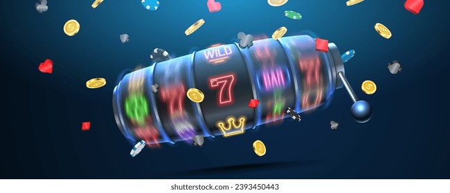 Slot machine with golden coins and chips. Neon gaming symbols on slot machines. Vector illustration.