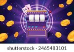 Slot machine and golden coins flying on purple background. Vector realistic illustration of online casino symbol, gambling banner with money, poker cards on sparkling space backdrop, lottery generator