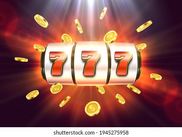Slot machine with golden coins. Lucky seven on slot machine. Vector illustration.