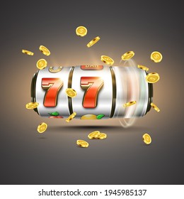 Slot machine with golden coins. Lucky seven on slot machine. Vector illustration.