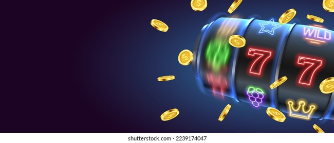 Slot machine with golden coins. Lucky seven on slot machine. Vector illustration.