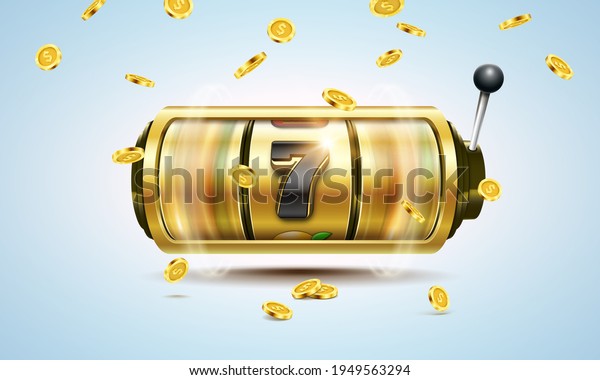 Slot machine with golden coins. Lucky seven\
on slot machine. Vector\
illustration.