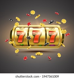 Slot Machine With Golden Coins And Poker Chips. Lucky Seven On Slot Machine. Vector Illustration.