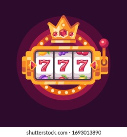 Slot machine with a golden crown. Casino 777 win flat illustration