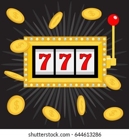 Slot machine. Golden Glowing lamp light. 777 Jackpot. Lucky sevens. Flying coin money. Red handle lever. Big win Online casino, gambling club sign. Flat design. Black shining star background. Vector