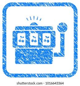 Slot Machine grainy textured icon inside rounded rectangle for overlay watermark imitations. Flat symbol with dust texture. Framed vector blue rubber seal stamp with grunge design of slot machine.