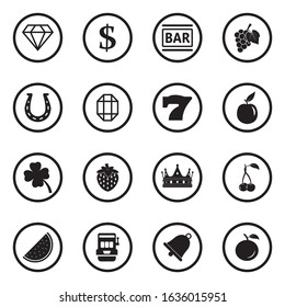 Slot Machine Icons. Black Flat Design In Circle. Vector Illustration.