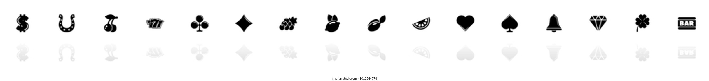 Slot Machine icons - Black horizontal Illustration symbol on White Background with a mirror Shadow reflection. Flat Vector Icon.