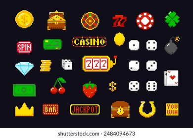 Slot machine icons pixel set. Game assets 8-bit sprite: jackpot, coins, dice, playing cards, fruits, horseshoe for casino app.