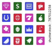 Slot Machine Icons. White Flat Design In Square. Vector Illustration. 