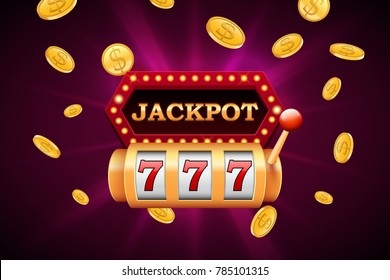 Slot machine and jackpot banner with falling golden coins, vector design