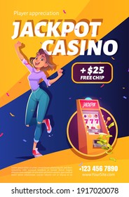 Máquina tragamonedas jackpot casino ganar afiche. Mujer afortunada celebra que el premio ganador se salte con el dinero que cae con la combinación de los siete en un bandido armado, feliz ganador. Ilustración vectorial de dibujos animados