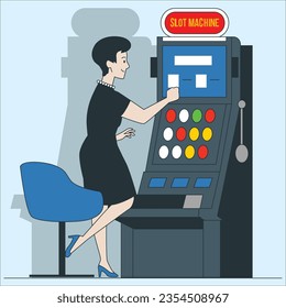 Slot machine jackpot casino win. Lucky woman celebrate winning prize jumping at money falling with all sevens spin combination on one-armed bandit, happy winner character. Cartoon vector. 2372