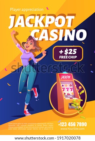 Slot machine jackpot casino win ad poster. Lucky woman celebrate winning prize jumping at money falling with all sevens spin combination on one-armed bandit, happy winner. Cartoon vector illustration