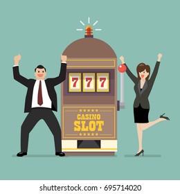 Slot machine jackpot with celebrate businessman and woman. Flat style vector illustration