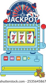 Slot Machine Jackpot with roulette wheel, play cards and lucky 7