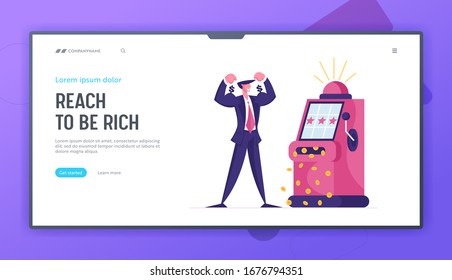 Slot Machine Jackpot Win Landing Page Template. Lucky Business Character Gambling, Demonstrate Muscles Celebrate Happy Winning Money on One-armed Bandit, Winner Rejoice. Cartoon Vector Illustration