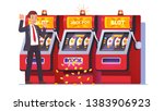 Slot machine jackpot win. Lucky man celebrating jumping happy winning money coins with all sevens spin combination on fruit one-armed bandit. Flat vector winner character illustration