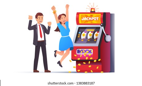 Slot Machine Jackpot Win. Lucky Man & Woman Couple Celebrating Jumping Happy Winning Money Coins With All Sevens Spin Combination On Fruit One-armed Bandit. Flat Vector Winner Character Illustration