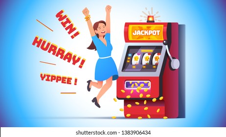 Slot Machine Jackpot Win. Lucky Woman Celebrating Jumping Happy Winning Money Coins With All Sevens Spin Combination On Fruit One-armed Bandit. Flat Vector Winner Character Illustration