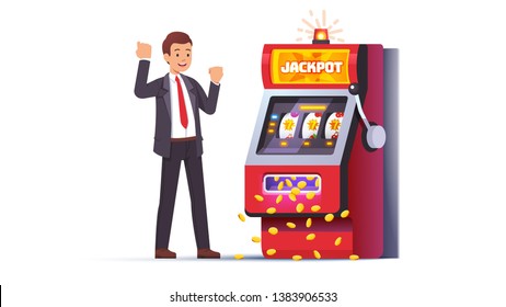 Slot machine jackpot win. Lucky man celebrating jumping happy winning money coins with all sevens spin combination on fruit one-armed bandit. Flat vector winner character illustration