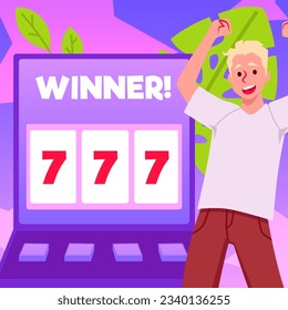 Slot machine jackpot win. Lucky happy blond man celebrating winning with all sevens spin combination. Cartoon vector winner character poster illustration. Gambling entertainment industry concept