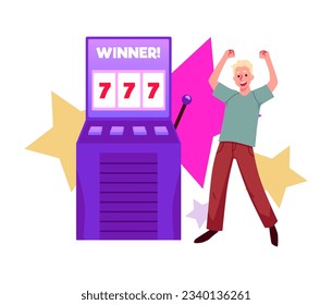 Slot machine jackpot win. Lucky happy man celebrating winning money coins with all sevens spin combination. Cartoon vector winner character isolated illustration. Business risk and gambling concept