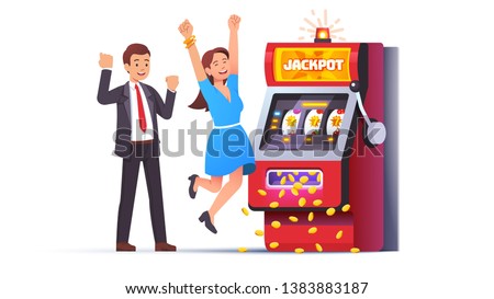 Slot machine jackpot win. Lucky man & woman couple celebrating jumping happy winning money coins with all sevens spin combination on fruit one-armed bandit. Flat vector winner character illustration