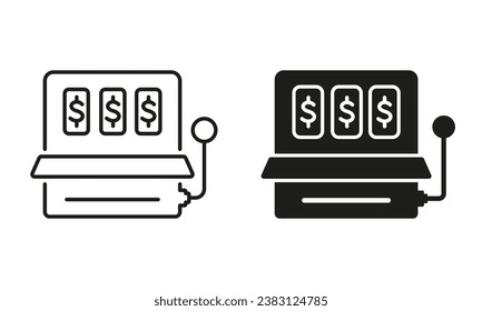 Slot Machine Line and Silhouette Black Icon Set. Gamble, Lottery, Game Pictogram. Lucky, Jackpot Casino in Las Vegas Symbol Collection. Fruit Machine Sign. Isolated Vector Illustration.