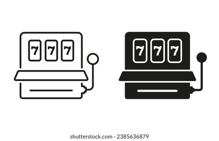 Slot Machine Line and Silhouette Black Icon Set. Casino Lucky Jackpot 777 Las Vegas Pictogram. Gambling, Lottery, Money Game. Fruit Slot Machine, Gamble Sign. Isolated Vector Illustration.