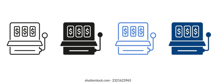 Slot Machine Line and Silhouette Icon Set. Fruit Machine Sign. Lucky, Jackpot Casino in Las Vegas Symbol Collection. Gamble, Lottery, Game Pictogram. Isolated Vector Illustration.